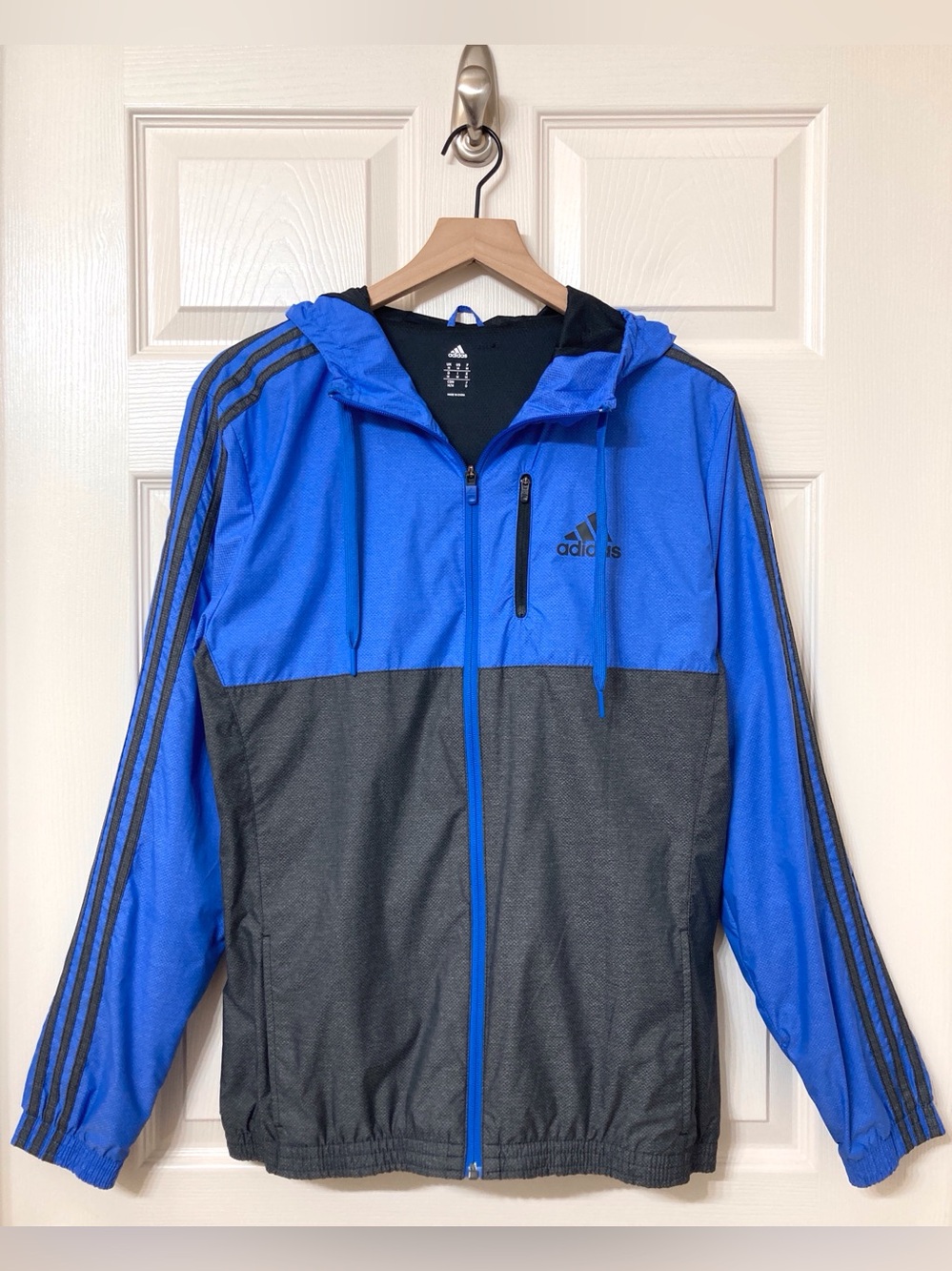 Adidas Men’s Blue Gray Full Zip Hooded Windbreaker Jacket Medium Athletic